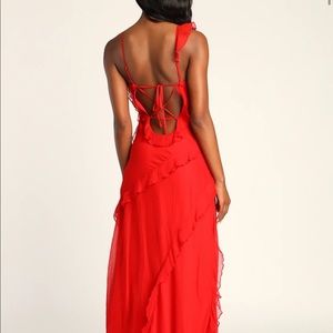 Tier Desire Red Tiered Ruffled Lace-Up Maxi Dress